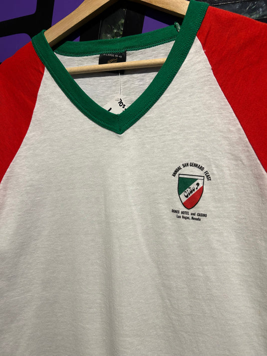 70s Annual San Gennaro Feast V-Neck Shirt. Size Large