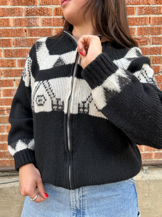 70s Van Heusen Wool Zip-Up Knit Sweater. Size Medium